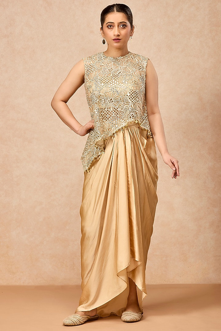Golden Modal Satin Draped Skirt Set by ESSENCE by Nandini Thakkar at Pernia's Pop Up Shop