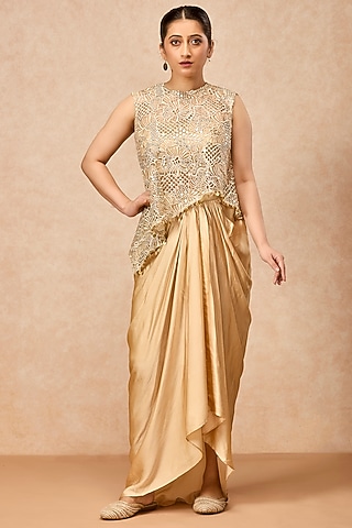 Golden Modal Satin Draped Skirt Set by ESSENCE by Nandini Thakkar