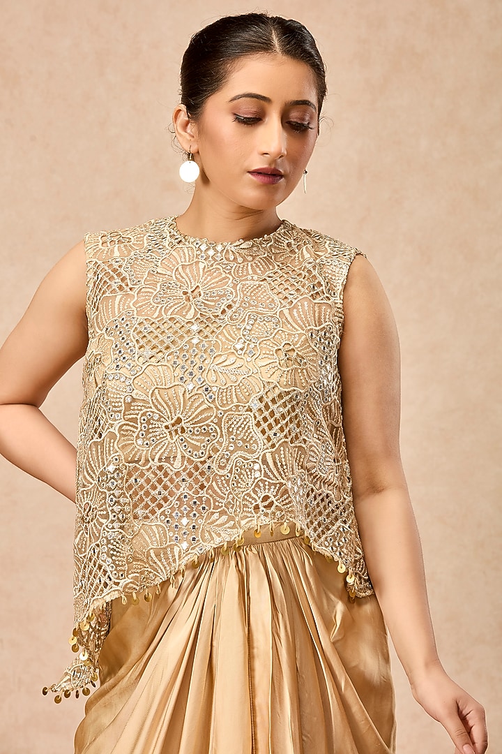 Golden Modal Satin Draped Skirt Set by ESSENCE by Nandini Thakkar at Pernia's Pop Up Shop