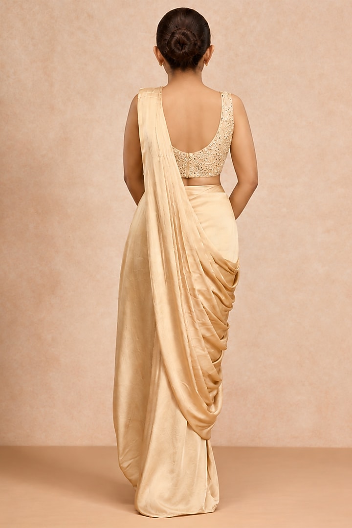 Golden Modal Satin Pre-Draped Party Wear Saree Set by ESSENCE by Nandini Thakkar at Pernia's Pop Up Shop