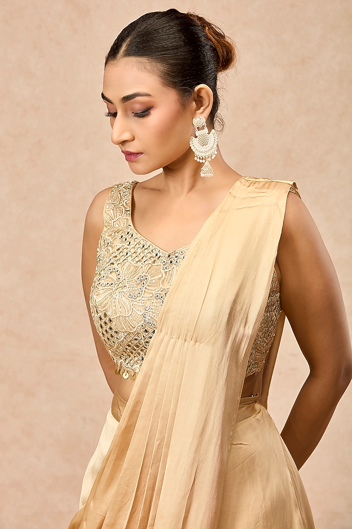 Golden Modal Satin Pre-Draped Party Wear Saree Set by ESSENCE by Nandini Thakkar at Pernia's Pop Up Shop