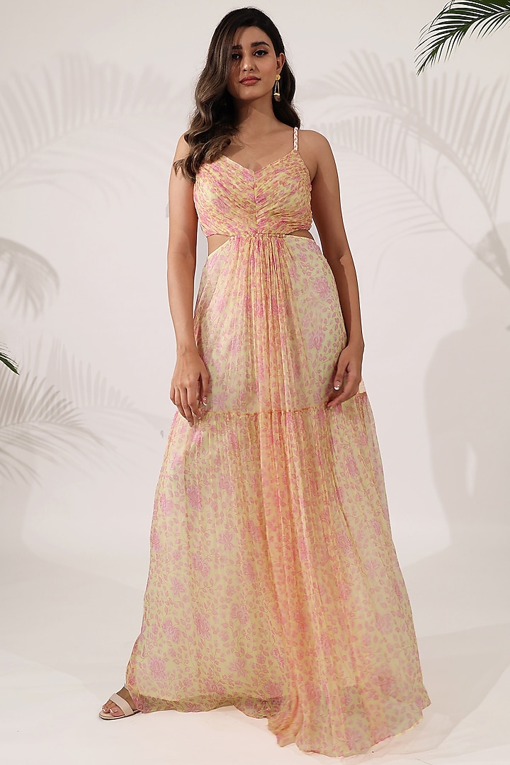 Yellow Bemberg Chiffon Floral Printed Strappy Maxi Dress by Essay by Sumedha Agrawal at Pernia's Pop Up Shop