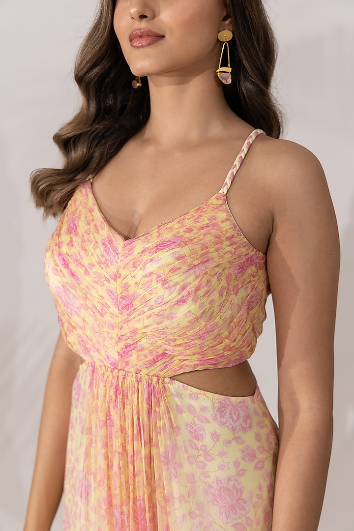 Yellow Bemberg Chiffon Floral Printed Strappy Maxi Summer Dress by Essay by Sumedha Agrawal at Pernia's Pop Up Shop