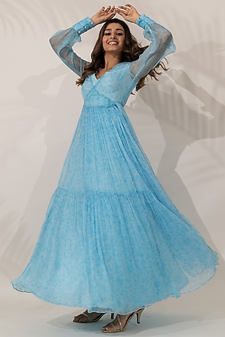 Blue Viscose Chiffon Floral Printed A-line Maxi Dress by Essay by Sumedha Agrawal