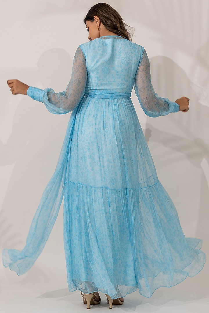 Blue Viscose Chiffon Floral Printed A-line Maxi Summer Dress by Essay by Sumedha Agrawal at Pernia's Pop Up Shop