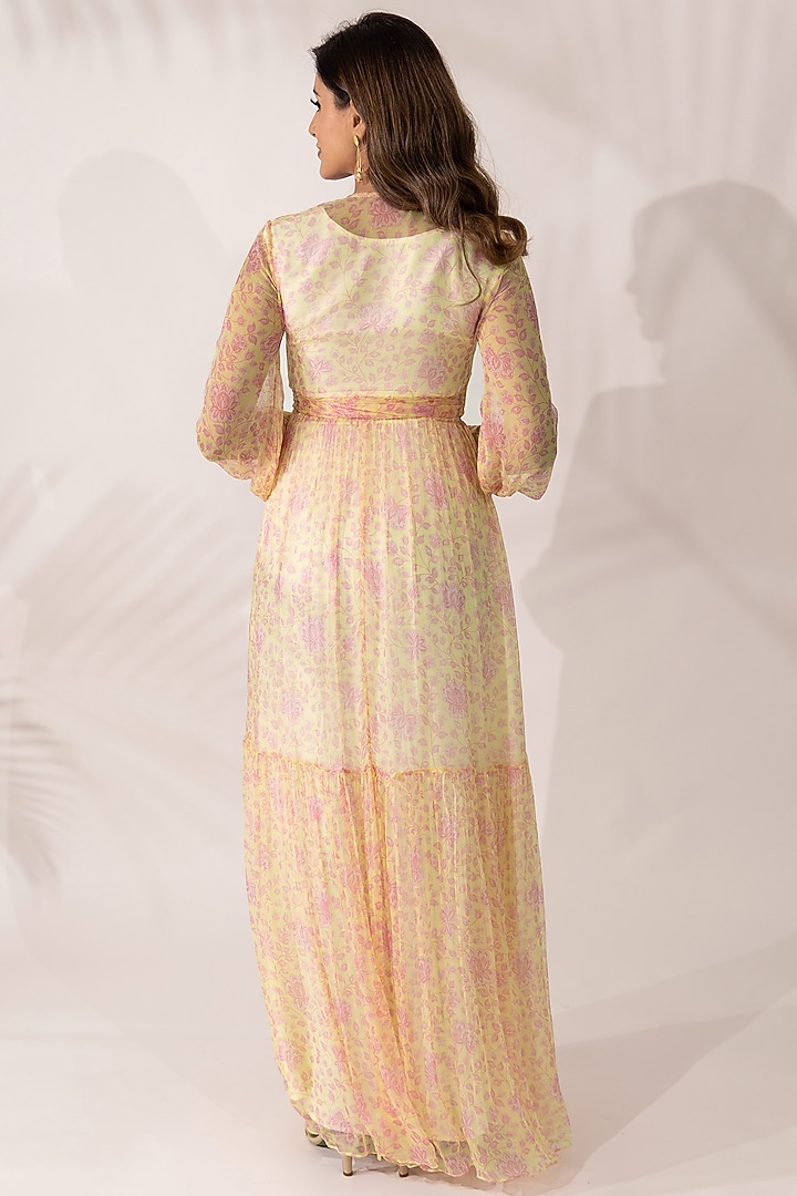 Yellow & Pink Viscose Chiffon Floral Printed A-line Maxi Summer Dress by Essay by Sumedha Agrawal at Pernia's Pop Up Shop