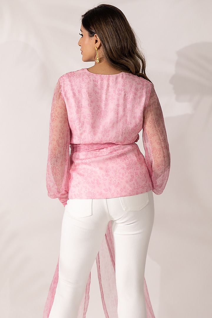 Pink Bemberg Chiffon Printed Peplum Wrap Top by Essay by Sumedha Agrawal at Pernia's Pop Up Shop