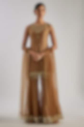 Gold Crushed Silk Tissue Sequins Hand Embroidered Sharara Set by Essay by Sumedha Agrawal at Pernia's Pop Up Shop