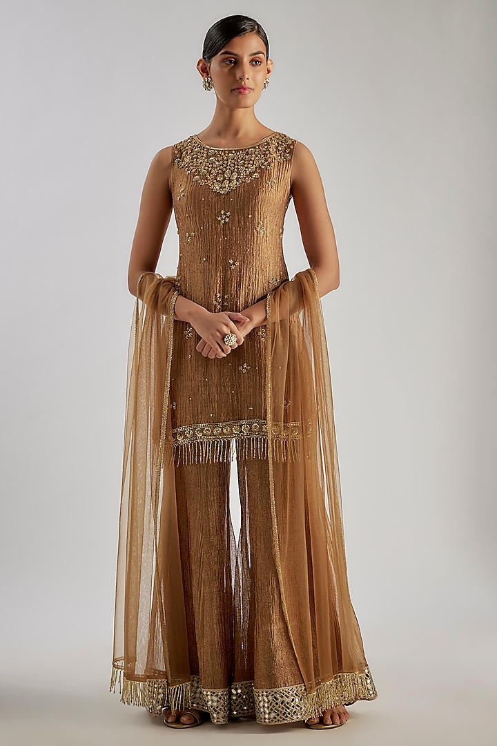Gold Crushed Silk Tissue Sequins Hand Embroidered Sharara Set by Essay by Sumedha Agrawal at Pernia's Pop Up Shop
