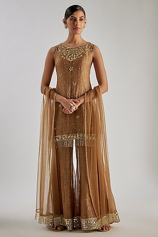 Gold Crushed Silk Tissue Sequins Hand Embroidered Sharara Set by Essay by Sumedha Agrawal