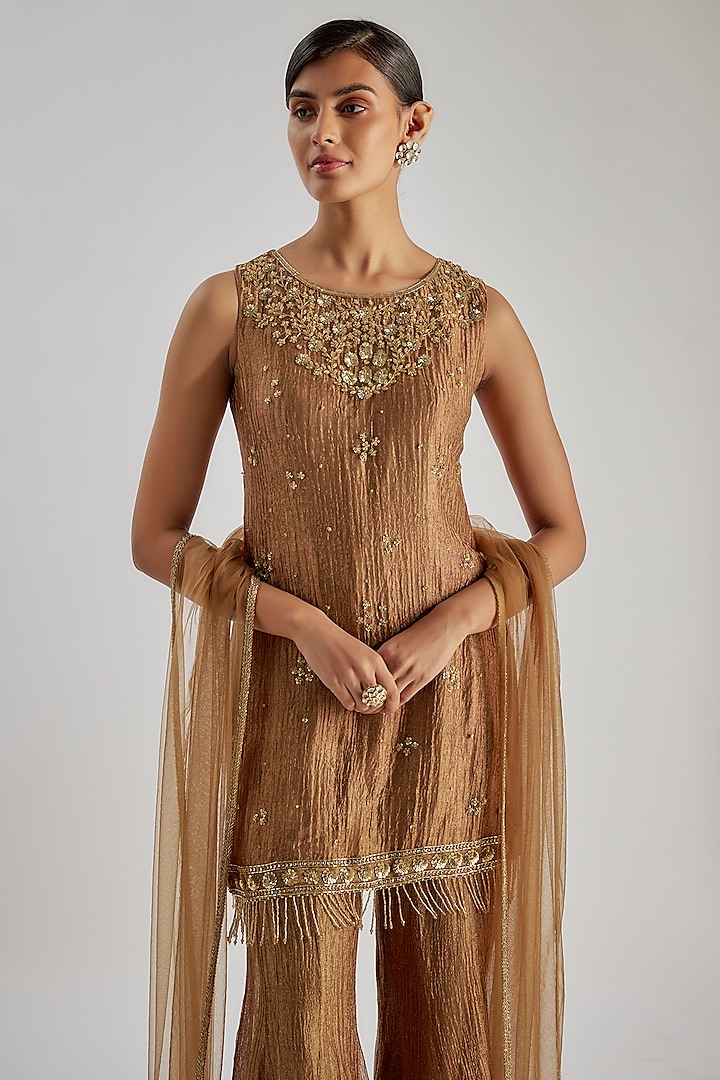 Gold Crushed Silk Tissue Sequins Hand Embroidered Wedding Sharara Set by Essay by Sumedha Agrawal at Pernia's Pop Up Shop