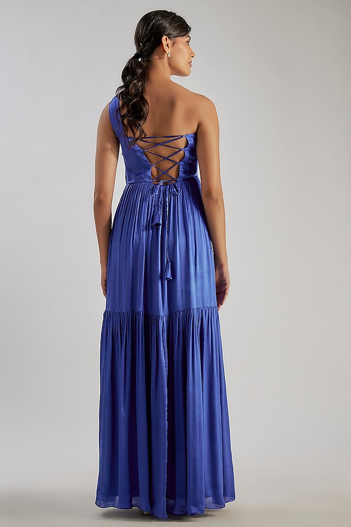 Blue Satin Chiffon & Bemberg One-Shoulder Summer Dress by Essay by Sumedha Agrawal at Pernia's Pop Up Shop