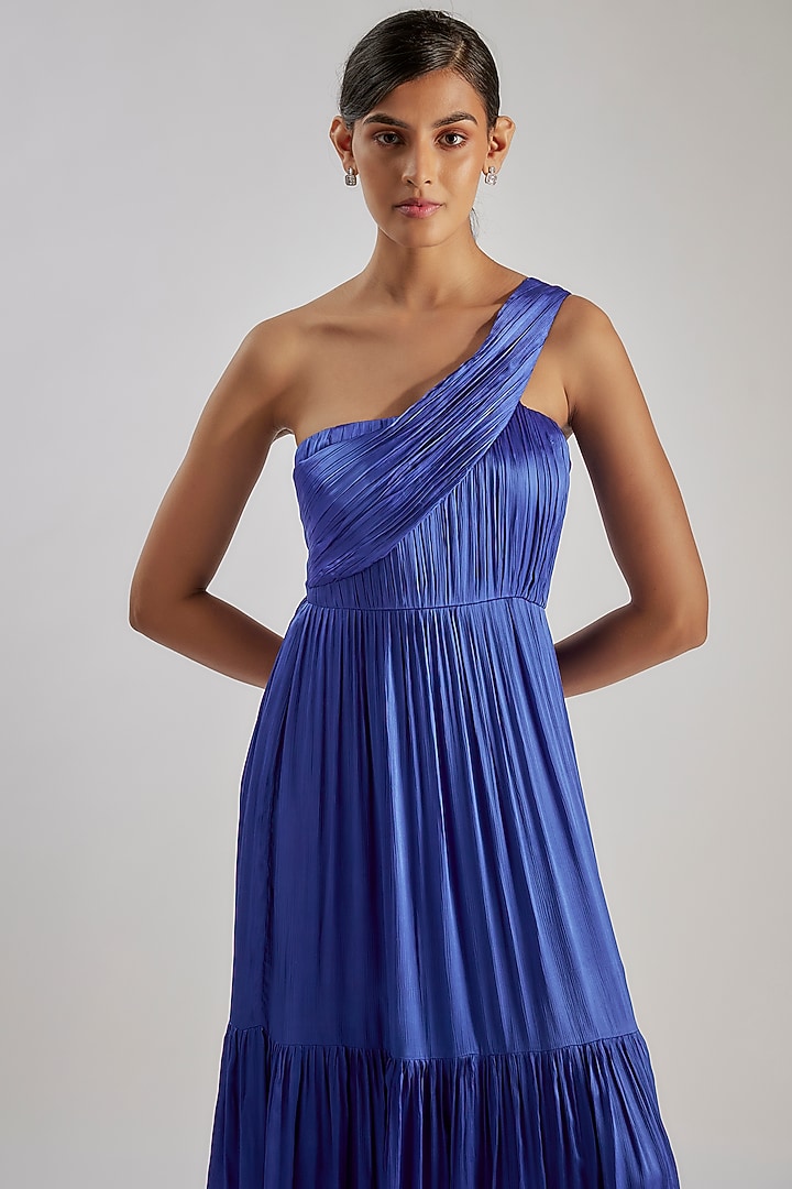 Blue Satin Chiffon & Bemberg One-Shoulder Summer Dress by Essay by Sumedha Agrawal at Pernia's Pop Up Shop