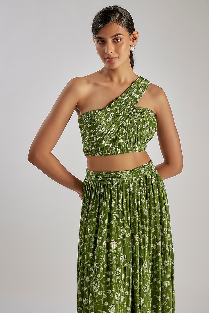 Olive Green Natural Crepe Floral Printed Co-Ord Set by Essay by Sumedha Agrawal at Pernia's Pop Up Shop