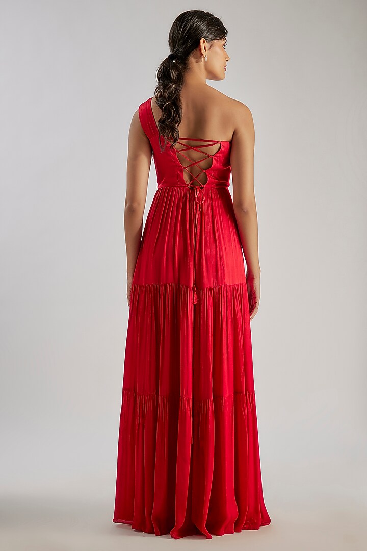 Red Satin Chiffon & Bemberg One-Shoulder Summer Dress by Essay by Sumedha Agrawal at Pernia's Pop Up Shop