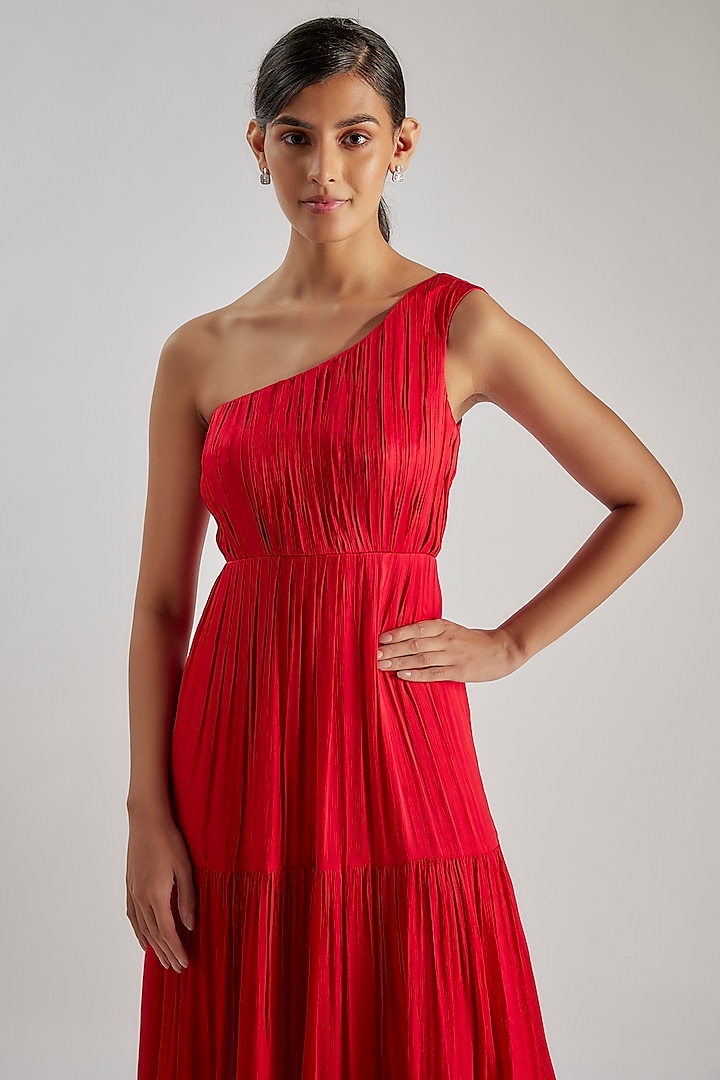 Red Satin Chiffon & Bemberg One-Shoulder Summer Dress by Essay by Sumedha Agrawal at Pernia's Pop Up Shop