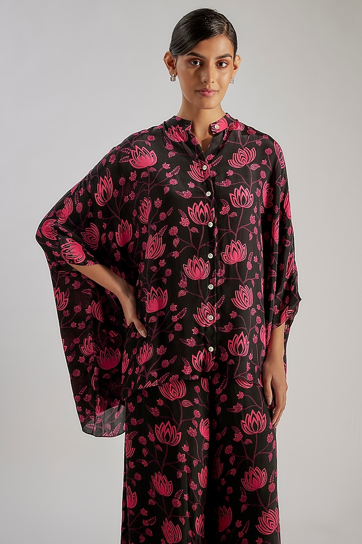 Black & Pink Natural Crepe Floral Printed Co-Ord Set by Essay by Sumedha Agrawal at Pernia's Pop Up Shop