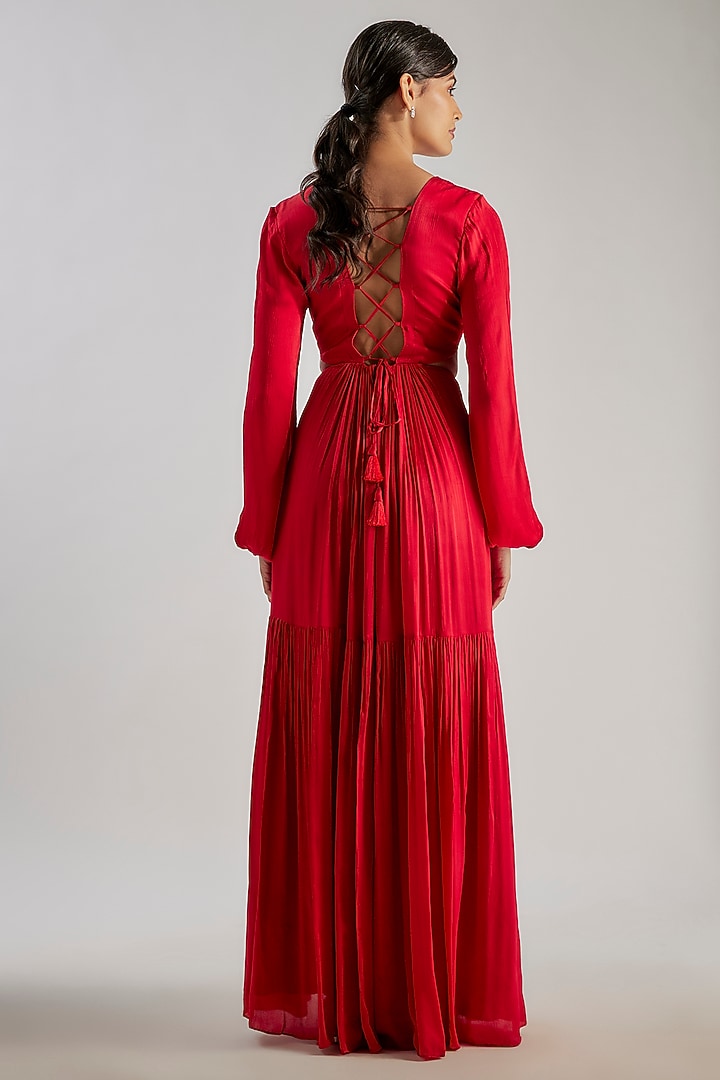 Red Satin Chiffon & Bemberg Summer Dress by Essay by Sumedha Agrawal at Pernia's Pop Up Shop