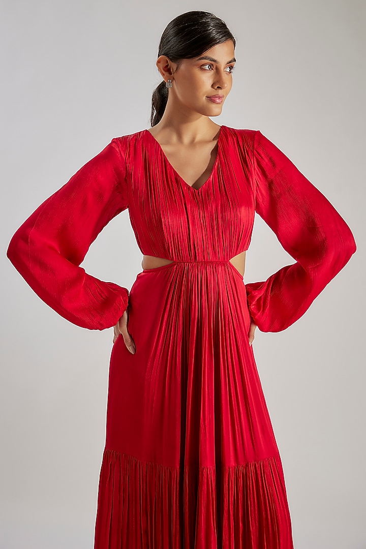 Red Satin Chiffon & Bemberg Summer Dress by Essay by Sumedha Agrawal at Pernia's Pop Up Shop