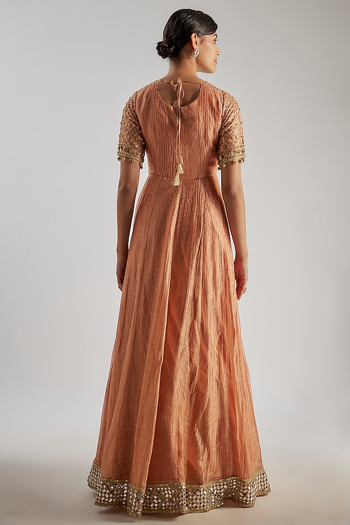 Orange & Gold Crushed Silk Tissue Hand Embroidered Wedding Anarkali Set by Essay by Sumedha Agrawal at Pernia's Pop Up Shop