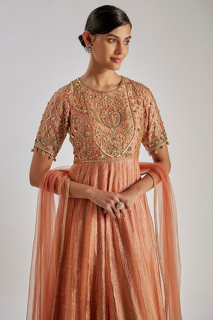Orange & Gold Crushed Silk Tissue Hand Embroidered Wedding Anarkali Set by Essay by Sumedha Agrawal at Pernia's Pop Up Shop