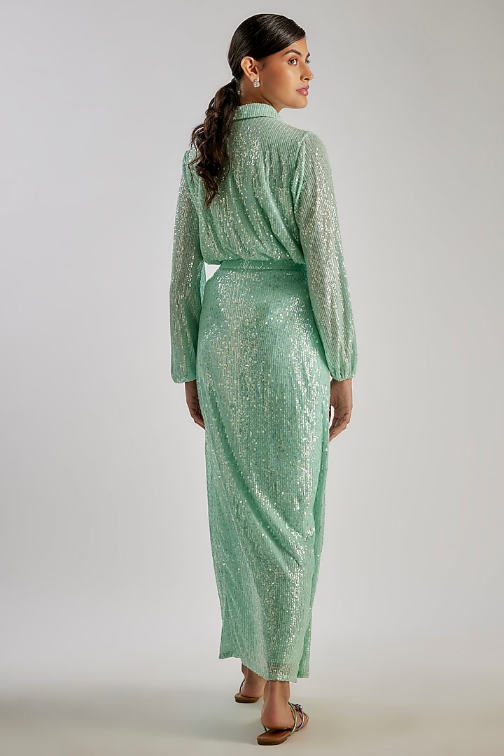 Green Sequins & Polyester Co-Ord Set by Essay by Sumedha Agrawal at Pernia's Pop Up Shop