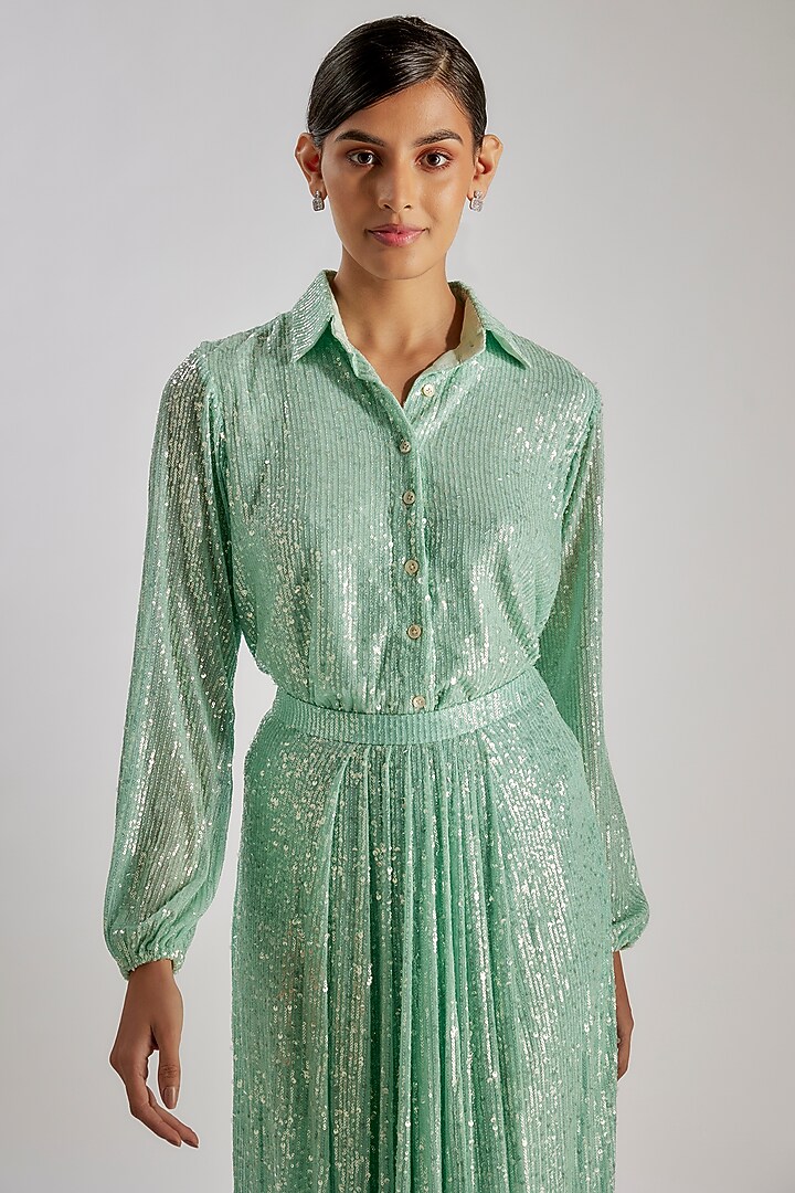 Green Sequins & Polyester Co-Ord Set by Essay by Sumedha Agrawal at Pernia's Pop Up Shop