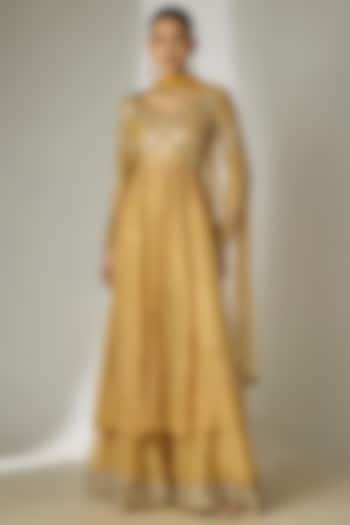 Gold Crushed Silk Tissue Hand Embroidered Wedding Anarkali Set by Essay by Sumedha Agrawal at Pernia's Pop Up Shop