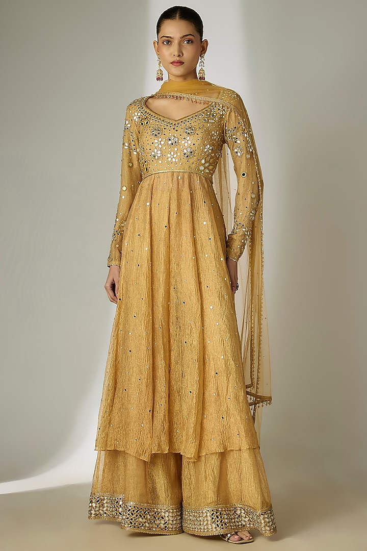 Gold Crushed Silk Tissue Hand Embroidered Wedding Anarkali Set by Essay by Sumedha Agrawal at Pernia's Pop Up Shop