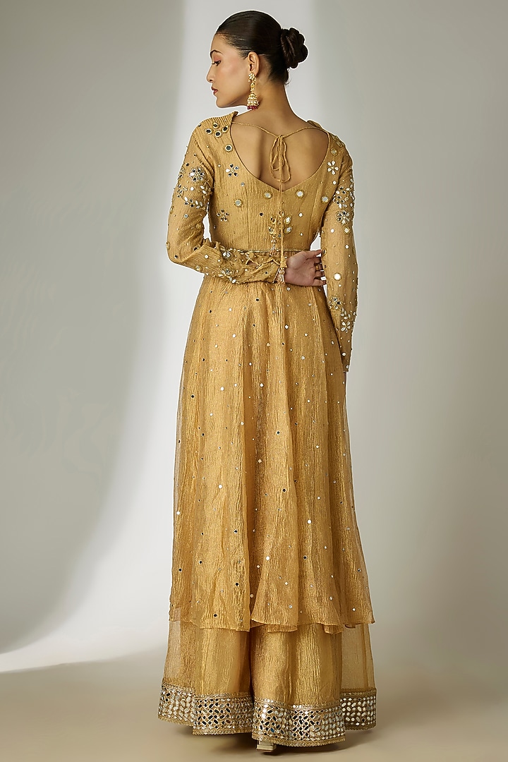 Gold Crushed Silk Tissue Hand Embroidered Wedding Anarkali Set by Essay by Sumedha Agrawal at Pernia's Pop Up Shop