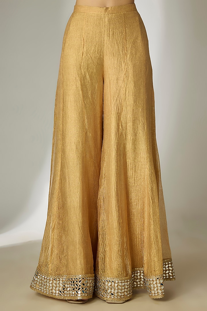 Gold Crushed Silk Tissue Hand Embroidered Wedding Anarkali Set by Essay by Sumedha Agrawal at Pernia's Pop Up Shop