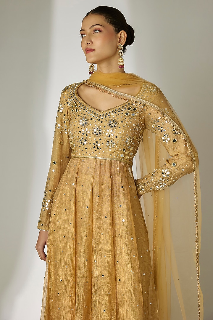 Gold Crushed Silk Tissue Hand Embroidered Wedding Anarkali Set by Essay by Sumedha Agrawal at Pernia's Pop Up Shop