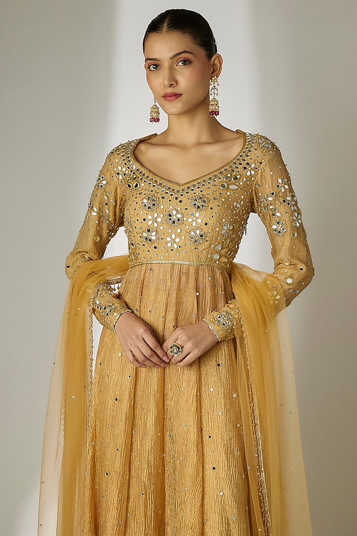 Gold Crushed Silk Tissue Hand Embroidered Wedding Anarkali Set by Essay by Sumedha Agrawal at Pernia's Pop Up Shop