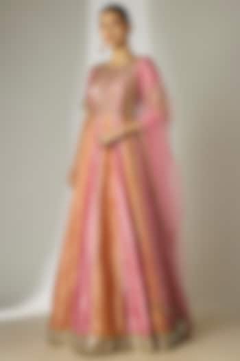 Pink & Orange Crushed Silk Tissue Sequins Embroidered Wedding Anarkali Set by Essay by Sumedha Agrawal at Pernia's Pop Up Shop