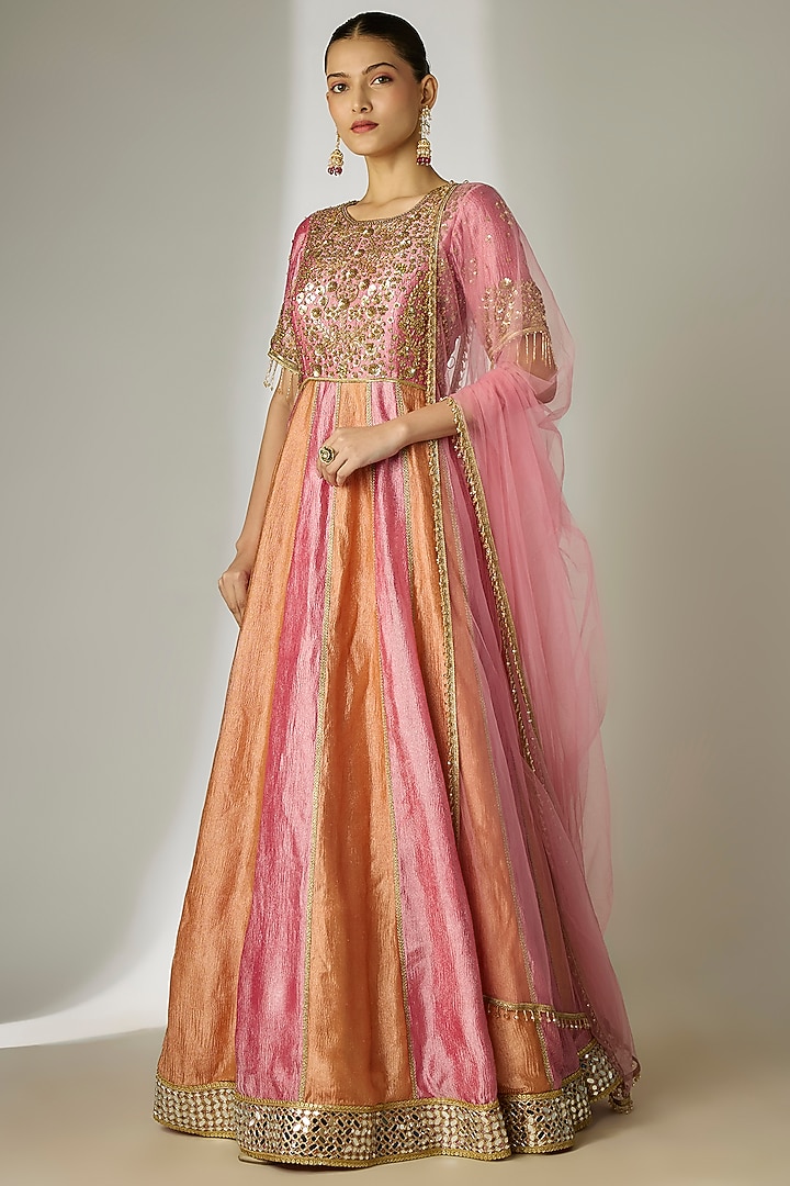Pink & Orange Crushed Silk Tissue Sequins Embroidered Wedding Anarkali Set by Essay by Sumedha Agrawal at Pernia's Pop Up Shop