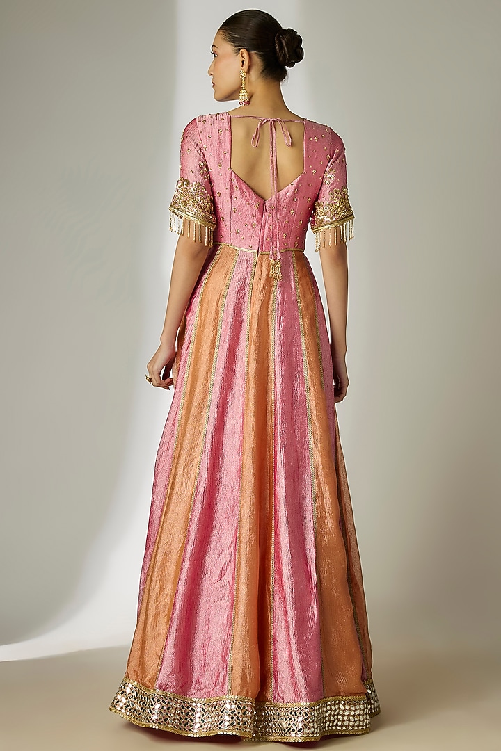 Pink & Orange Crushed Silk Tissue Hand Embroidered Wedding Anarkali Set by Essay by Sumedha Agrawal at Pernia's Pop Up Shop