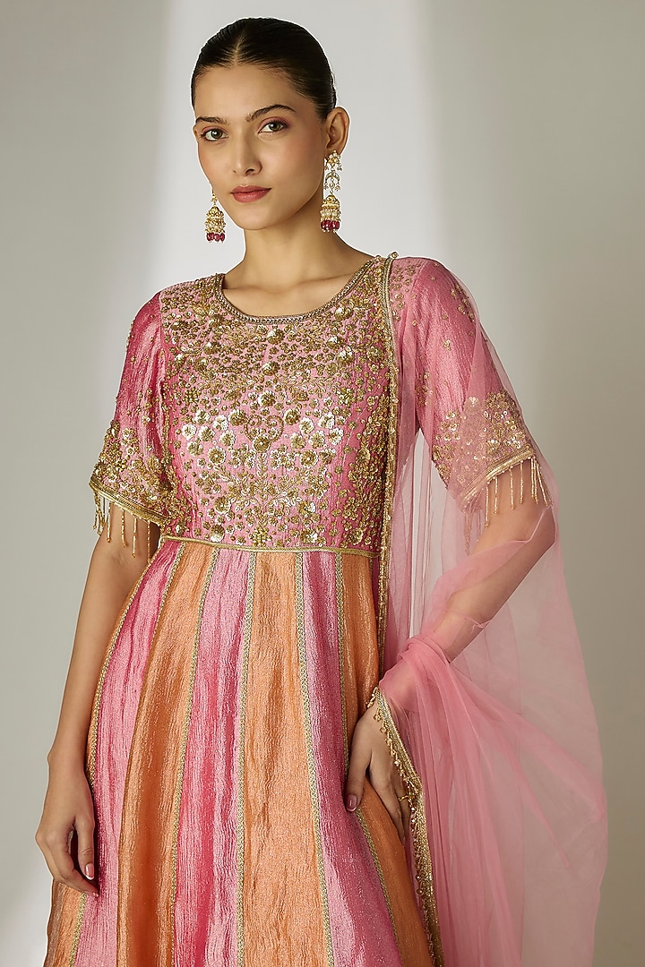 Pink & Orange Crushed Silk Tissue Hand Embroidered Wedding Anarkali Set by Essay by Sumedha Agrawal at Pernia's Pop Up Shop