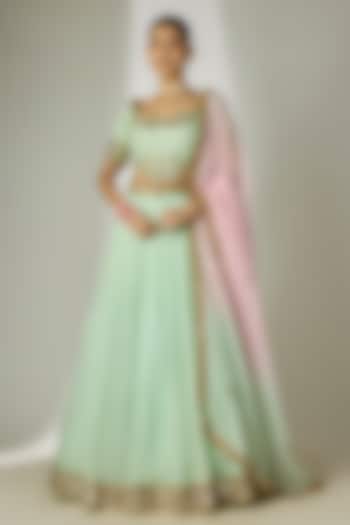 Mint Green Viscose Organza Mirror Embellished Wedding Lehenga Set by Essay by Sumedha Agrawal at Pernia's Pop Up Shop
