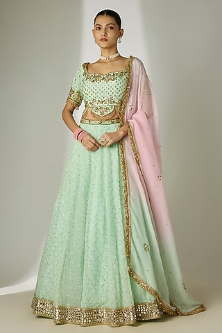 Mint Green Viscose Organza Mirror Embellished Lehenga Set by Essay by Sumedha Agrawal
