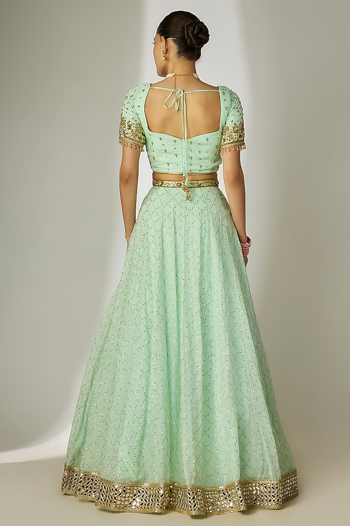 Mint Green Viscose Organza Mirror Embellished Wedding Lehenga Set by Essay by Sumedha Agrawal at Pernia's Pop Up Shop