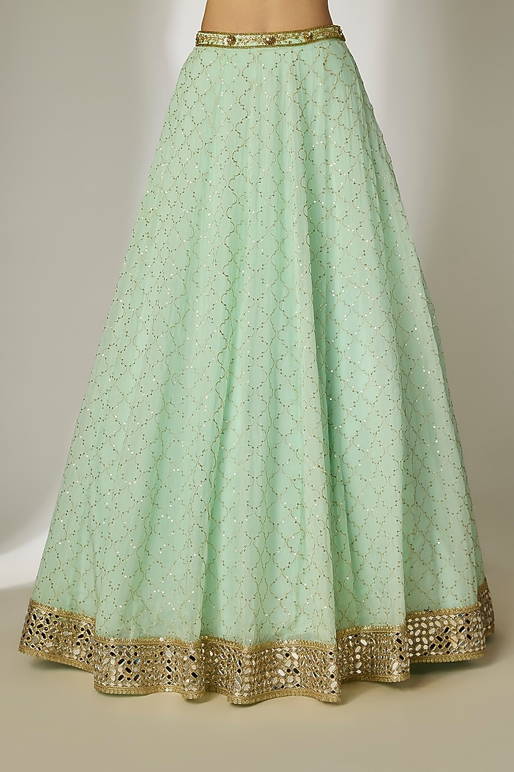 Mint Green Viscose Organza Mirror Embellished Wedding Lehenga Set by Essay by Sumedha Agrawal at Pernia's Pop Up Shop