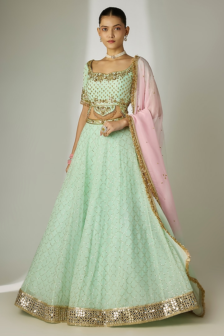 Mint Green Viscose Organza Mirror Embellished Wedding Lehenga Set by Essay by Sumedha Agrawal at Pernia's Pop Up Shop