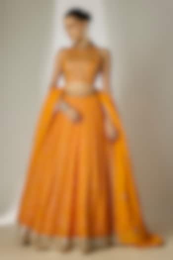Orange Viscose Organza Mirror Embellished Wedding Lehenga Set by Essay by Sumedha Agrawal at Pernia's Pop Up Shop