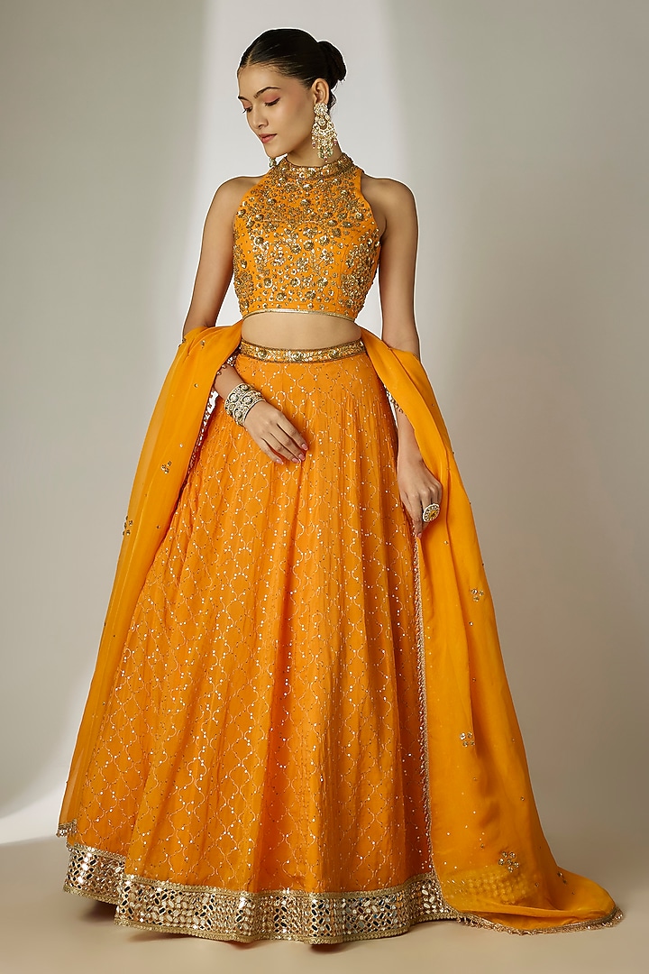 Orange Viscose Organza Mirror Embellished Wedding Lehenga Set by Essay by Sumedha Agrawal at Pernia's Pop Up Shop
