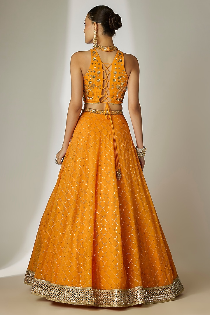 Orange Viscose Organza Mirror Embellished Wedding Lehenga Set by Essay by Sumedha Agrawal at Pernia's Pop Up Shop