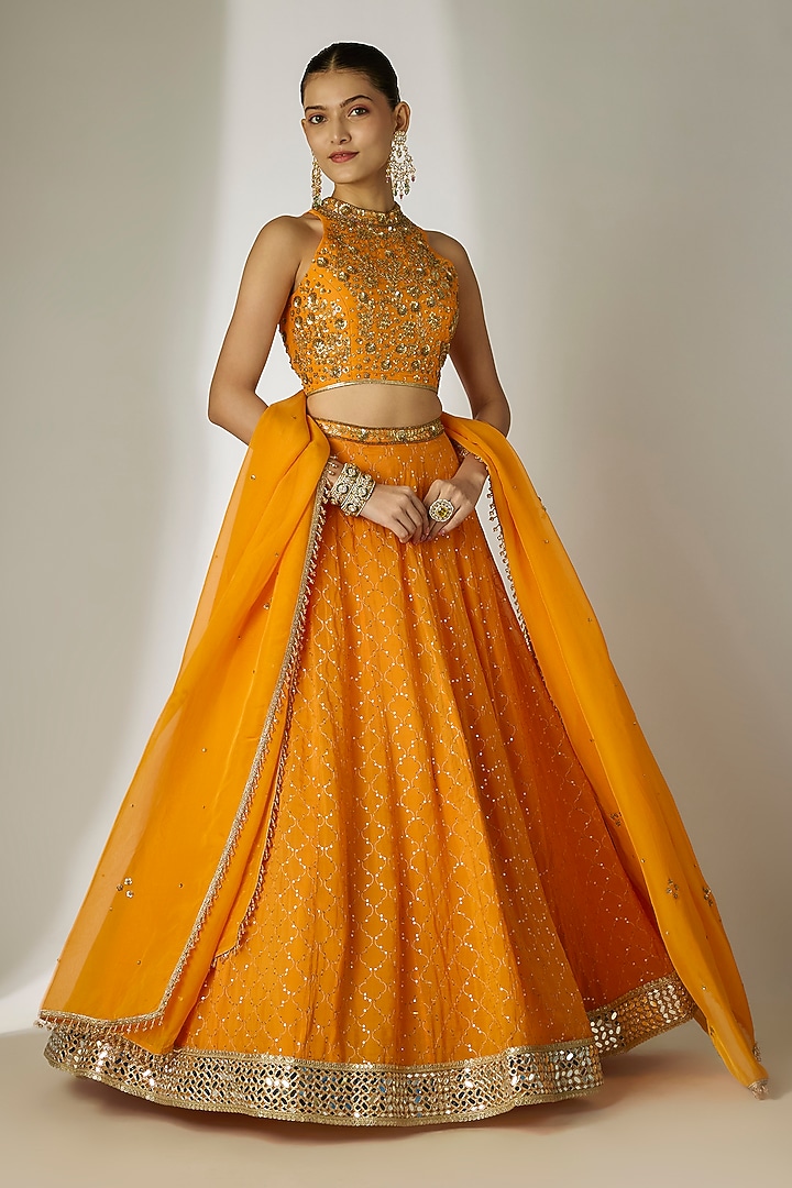 Orange Viscose Organza Mirror Embellished Wedding Lehenga Set by Essay by Sumedha Agrawal at Pernia's Pop Up Shop