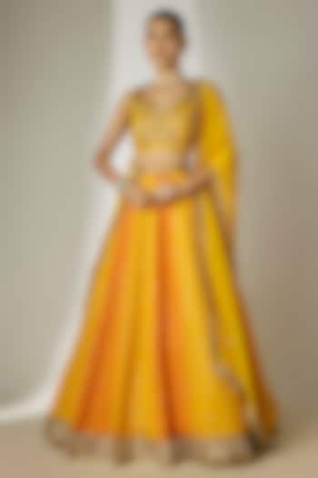 Yellow & Orange Viscose Organza Mirror Embellished Wedding Lehenga Set by Essay by Sumedha Agrawal at Pernia's Pop Up Shop