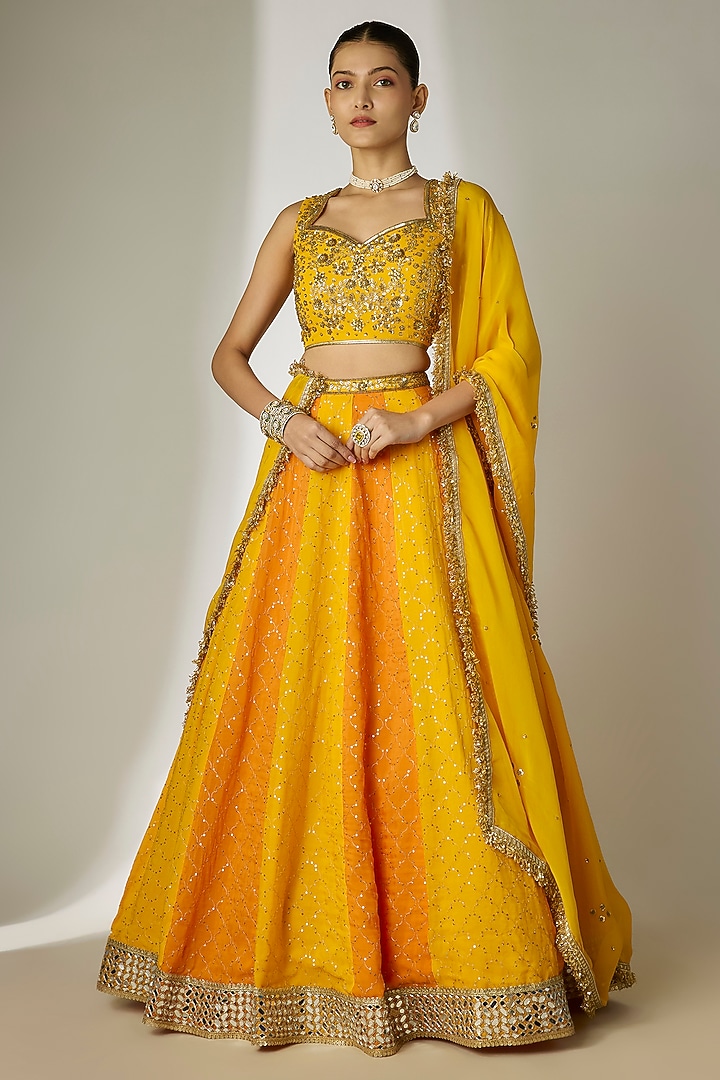 Yellow & Orange Viscose Organza Mirror Embellished Wedding Lehenga Set by Essay by Sumedha Agrawal at Pernia's Pop Up Shop