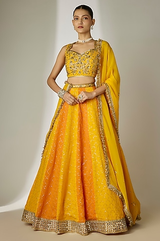 Yellow & Orange Viscose Organza Mirror Embellished Lehenga Set by Essay by Sumedha Agrawal