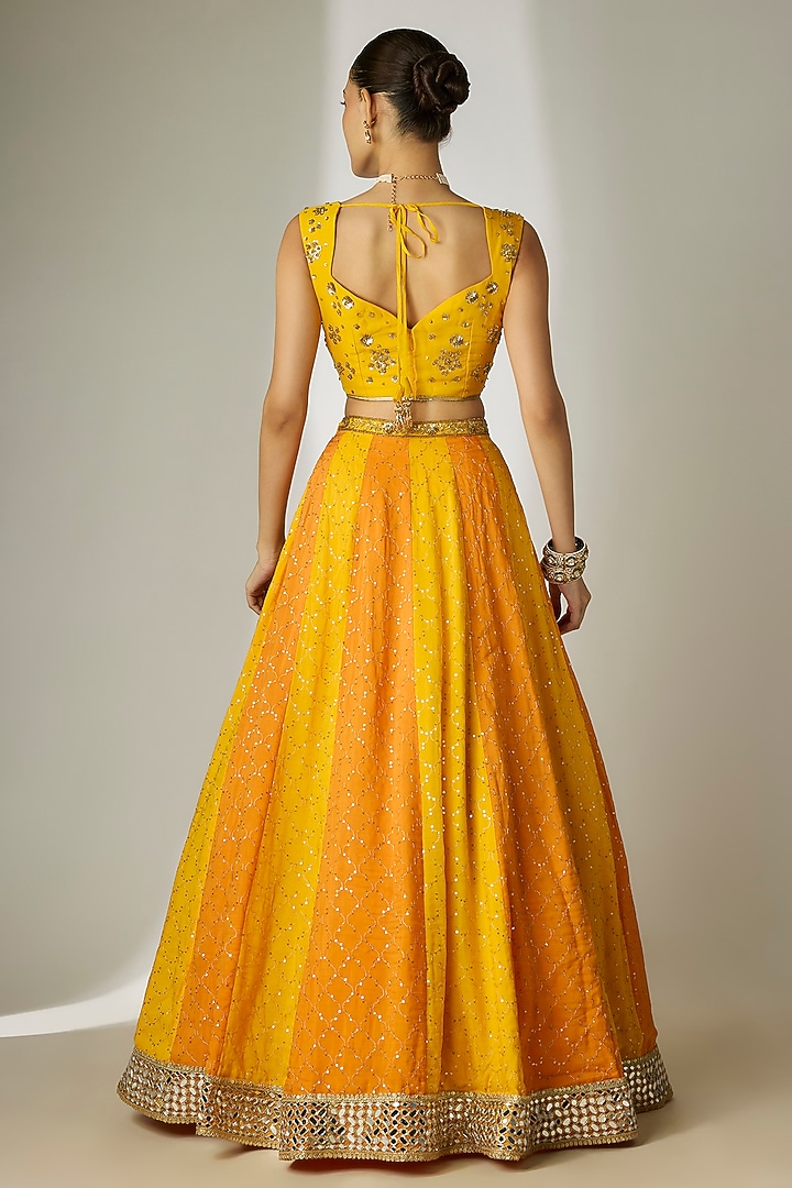 Yellow & Orange Viscose Organza Mirror Embellished Wedding Lehenga Set by Essay by Sumedha Agrawal at Pernia's Pop Up Shop